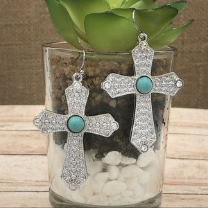 🌼 Turquoise Dot Cross Dangle Earrings